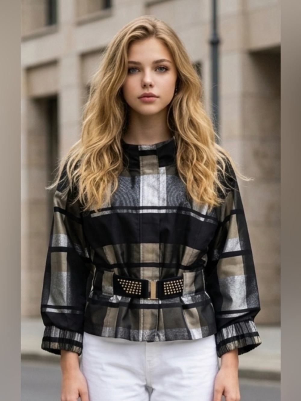 Puli Black and Metallic Plaid Bomber Jacket with Studded Belt